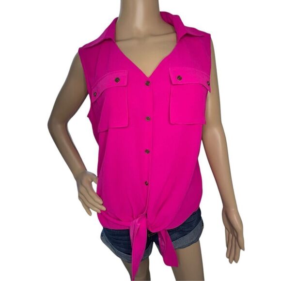 Gianna Bini Hot Pink Button Up Sleeveless Front Tie Blouse - Picture 1 of 4